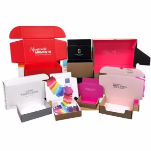 Custom mailer boxes featuring branded designs and eco-friendly materials, showcasing vibrant logos and durable packaging for enhanced product protection and brand visibility